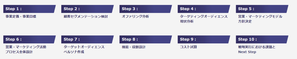 Step1:事業定義・事業目標/Step2:顧客セグメンテーション検討/Step3:オファリング分析/Step4:ターゲティングオーディエンス現状分析/Step5:営業・マーケティングモデル方針決定/Step6:営業・マーケティング活動プロセス全体設計/Step7:ターゲットオーディエンスペルソナ作成/Step8:機能・役割設計/Step9:コスト試算/Step10:戦略実行における課題とNext Step